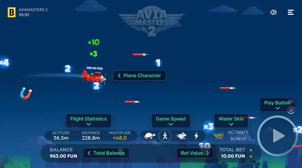 Captura del juego Avia Masters con elementos de la interfaz señalados